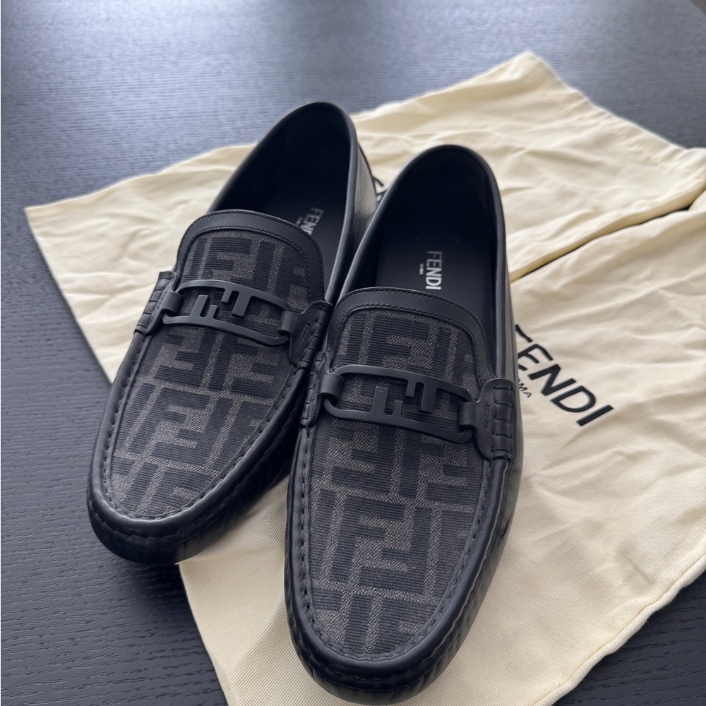 Fendi Black FF Logo Leather-Trim Slip-On Loafers